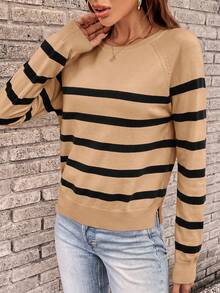Easowa Casual French Black And White Striped Round Neck Raglan Sleeve Women Sweater In Fall Office Brunch - Camel - View 5