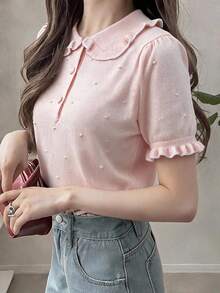 FRIFUL Women's Early Summer/Autumn New Korean Solid Color Peter Pan Collar Short Sleeve Lightweight Knit Top Cute Tops - Apricot - View 1