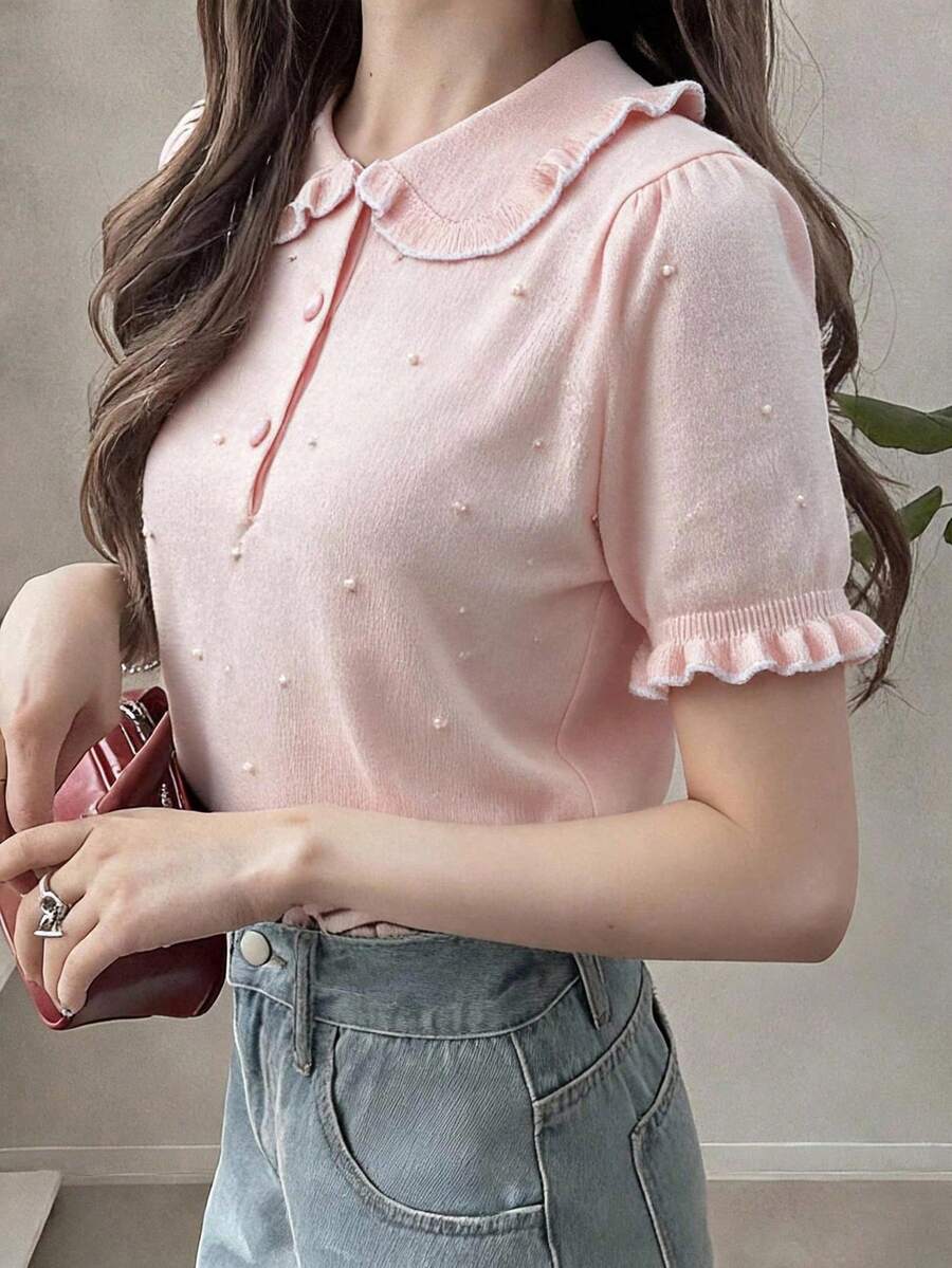 FRIFUL Women's Early Summer/Autumn New Korean Solid Color Peter Pan Collar Short Sleeve Lightweight Knit Top Cute Tops - Apricot - View 1