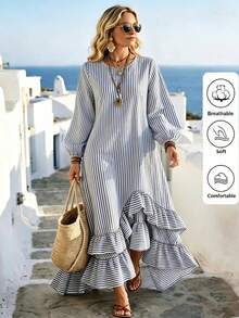 Linhara CURVE 2026 New Plus Size Casual Striped Round Neck Long Sleeve Lantern Sleeve Long Patchwork Ruffle Hem Women's Dress Fall - Blue and White - View 7