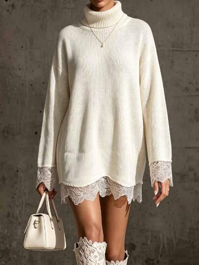 SHEIN Vestido mini de punto estilo francés color blanco crema con cuello drapeado y ribete de encaje