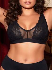 Divavoom Plus Size Lace Contrast Mesh Wire-Free Bralette - Black - View 4