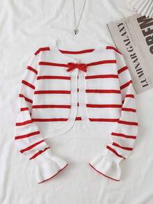 Tween Girl Red Striped Bow Decor Knitted Cardigan - Red - View 1
