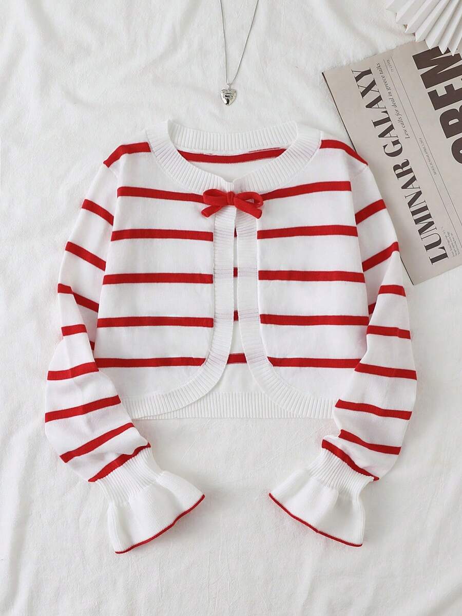 Tween Girl Red Striped Bow Decor Knitted Cardigan - Red - View 1