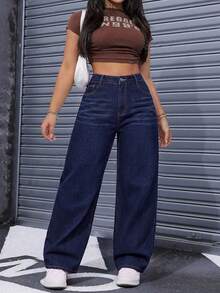 SHEIN ICON Plus Size Fashion Versatile Button Pocket Loose Denim Jeans - Dark Wash - View 5
