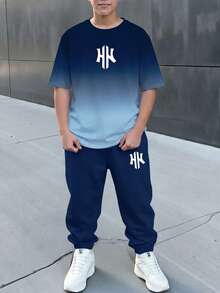 青少年男孩休閒舒適時尚極簡圓領短袖T恤與長褲套裝 - 彩色 - 查看 1