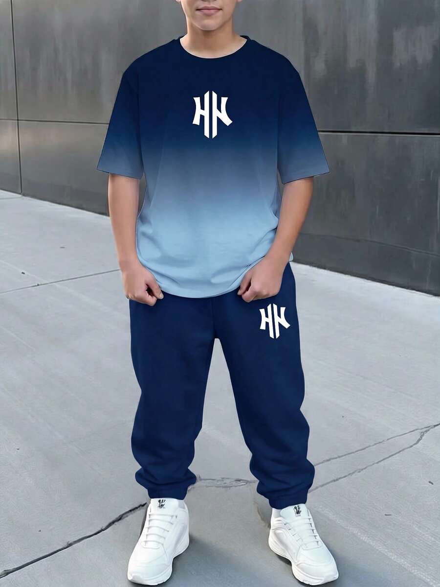 青少年男孩休閒舒適時尚極簡圓領短袖T恤與長褲套裝 - 彩色 - 查看 1