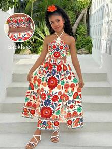 Tween Girl Tropical Print Cap Sleeve Bow Back A-Line Dress - Multicolor - View 1