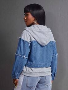 Slaydiva Women's Designer Fashion Patchwork Button Hooded Denim Jacket - Light Wash - View 3