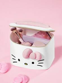 HELLO KITTY AND FRIENDS | SHEIN 可愛貓咪印花大容量聚酯纖維化妝包，附3D蝴蝶結與提把，旅行與日常使用化妝收納袋 - 粉色蝴蝶結款 - 查看 2
