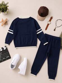 SHEIN Playful Pals Spring/Autumn Boys' Preppy Knit Set, Colorblock Striped Letter Sweater And Cuffed Long Pants 2 Pieces Outfit - Multicolor - View 2