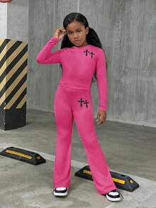 SHEIN Tween Girls Casual Street Style Solid Color Crew Neck Long Sleeve Knit Set - Hot Pink - View 4