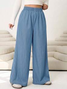 Solflare Plus Size Blue Elastic Waist Loose Wide Leg Long Pants - Blue - View 3