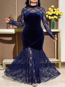 Feyla Plus Size Elegant Sexy Lace Patchwork Mermaid Dress - Navy Blue - View 1