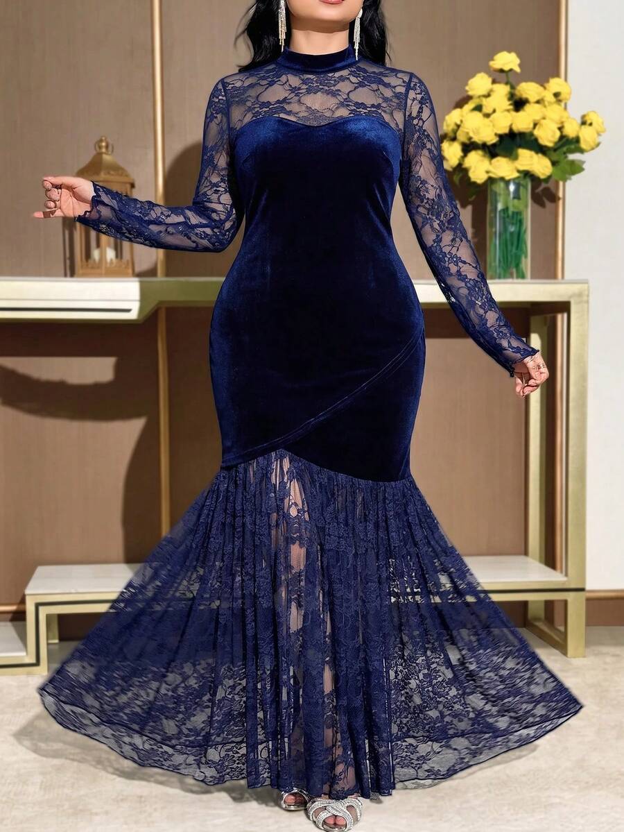 Feyla Plus Size Elegant Sexy Lace Patchwork Mermaid Dress - Navy Blue - View 1