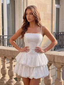 Poshira White Sequin Mesh Ruffle Strap Evening Dress - White - View 6