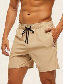 Manfinity KASUA Men's Drawstring Waist Zipper Pocket Beach Shorts, Holiday - Khaki - View 4