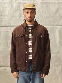Norleigh Men Loose Fit Long Sleeve Cotton Solid Color Front Button Casual Denim Jacket, For Fall - Coffee Brown - View 6
