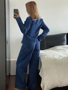 Livesso Lapel Tie Long Sleeve Cinched Waist Denim Blazer With Wide Leg Denim Pants Set Autumn Brunch Blue Casual Streetwear - Blue - View 2
