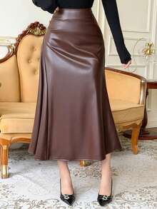 DAZY Rok Panjang Wanita Model A-Line Bahan Kulit Warna Polos dengan Hiasan Kancing dan Pinggang Tinggi untuk Musim Gugur/Dingin - Coffee Brown - View 8