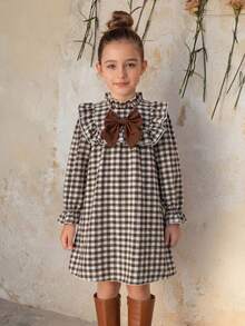 Emery Rose Kids Emery Rose Kids 兒童少女可愛度假休閒杏色格紋蝴蝶結長袖寬鬆連身裙 秋季花卉洋裝 校服 開學穿搭 - 卡其色 - 查看 4