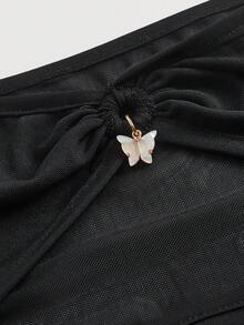 SHEIN MOD Plus Women's Black Sheer Mesh Patchwork Ruched T-Shirt Butterfly Detail Short Sleeve Round Neck Slim Fit Top For Spring Party - Black - View 6