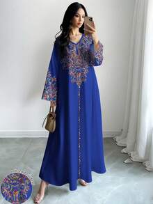 SHEIN Najma 女士彩色藤蔓图案数码印花蓝色V领长袖优雅阿拉伯风长连衣裙，春秋季 - 彩色 - 查看 1