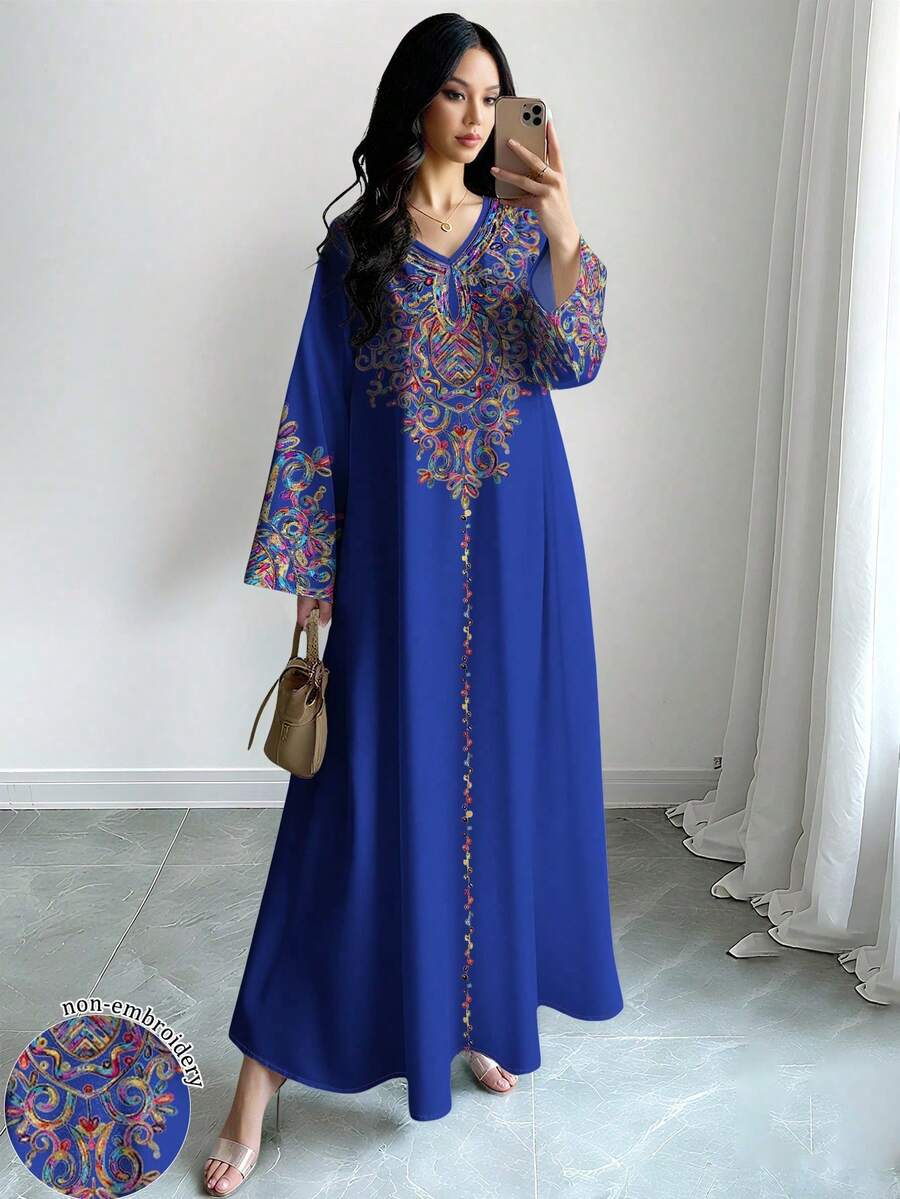 SHEIN Najma 女士彩色藤蔓图案数码印花蓝色V领长袖优雅阿拉伯风长连衣裙,春秋季 - 彩色 - 查看 1