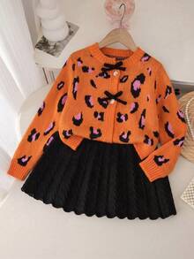 女童秋冬休閒豹紋蝴蝶結裝飾毛衣與針織裙套裝 - 彩色 - 查看 1