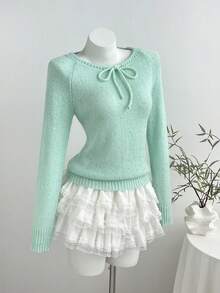 Elamini Solid Color Sequin Knit Sweater, Spring/Autumn Women's Pullover Top, Long Sleeve Bow Tie Thin Style - Mint Green - View 3