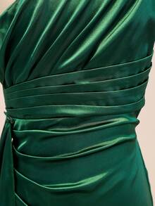 Wedding Season Girls' Premium Satin One-Shoulder Spaghetti Strap Ruffle Hem Fitted Slit Long Dress For Ball, Performance, Birthday Party, Banquet, Evening Gala, All Seasons - Dark Green - View 4