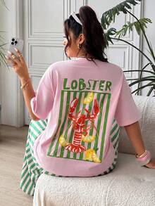 SHEIN EZwear 大尺碼女款字母印花短袖T恤與條紋長褲休閒兩件套 - 彩色 - 查看 4