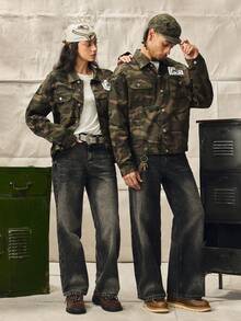 Norleigh Manfinity EMRG Men's Long Sleeve College Style Urban Street Fashion Camouflage Loose Denim Jacket , Fall - Army Green - View 13