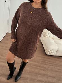 SHEIN LUNE Plus Size Casual Long Sleeve Dress, Autumn Fall - Brown - View 4