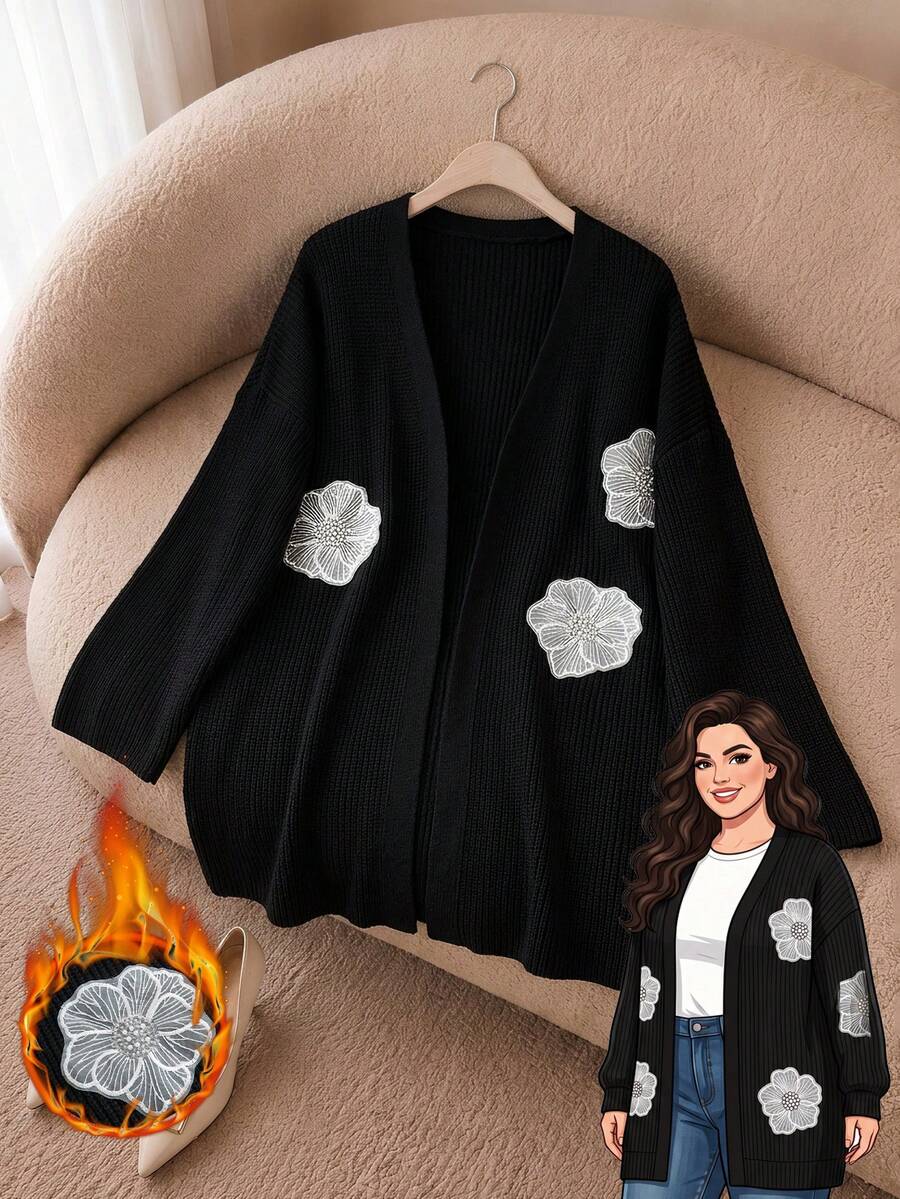 Rusticease Plus Size Women's Embroidered Beaded Floral Knit Cardigan, Autumn/Winter - Black - View 1