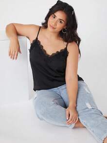 EMERY ROSE Plus Size Summer Elegant Sexy Lace Patchwork Cami Night Birthday Cocktail Black - Black - View 4