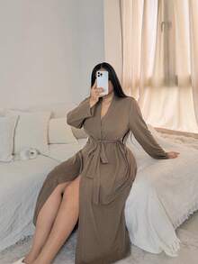 Napfluff CURVE Napfluff CURVE Slouchy Minimalist Long Plus Size Robe, Elegant Tie Waist Comfortable Loungewear - Brown - View 5