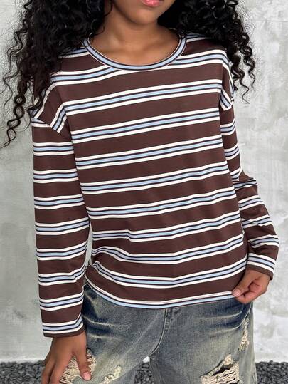Tween Girl Tween Girl Contrast Striped Loose Long Sleeve Tee, Family Matching Streetwear Top