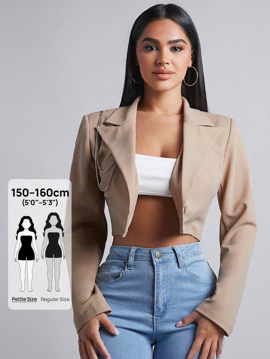 SHEIN PETITE Lapel Neck Crop Blazer In Fall/Winter - Khaki - View 1