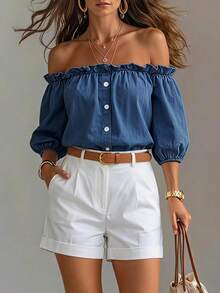 LUMIGAL New French Style Casual Romantic Off-Shoulder Petal Sleeve Denim Top Brunch Vacation Blue Summer - Blue - View 1