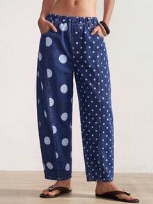 Bohemela Women's Polka Dot Print Casual Vintage Washed Long Pants Vacation Blue Polka Dot Autumn - Navy Blue - View 3