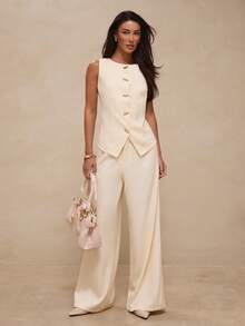 Glamine Beige Sleeveless Vest Gold Button High Waist Wide Leg Pants Two Piece Set Old Money Quiet Luxury Elegant Office Work Business Commute Fall Formal Chic - Apricot - View 7