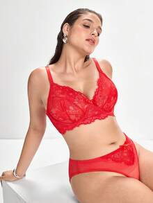 Slumbrini 2pcs Plus Size Lace Patchwork Lingerie Set Red - Red - View 9