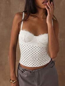 SHEIN BAE Women's Polka Dot Print Lace Patchwork Camisole Top,Summer Top - White - View 3
