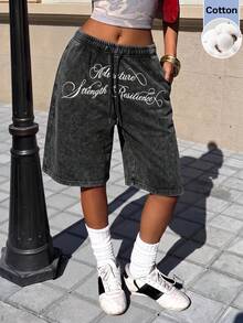 Muchica 女款字母印花抽繩腰褶皺寬鬆及膝短褲，灰色夏季街頭休閒風，適合海灘派對酒吧 - 黑色 - 查看 4