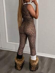 Glyssa Women's V-Neck Leopard Print Top And Leggings Casual Daily Set - Coffee Brown - View 2