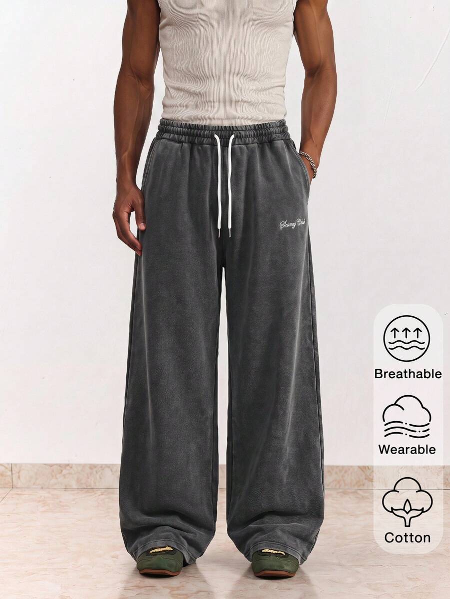 NORVETH Men's Casual Loose Fit Long Pants, Spring/Summer, Green, Plain With Distressed Snow Wash, Standard Size - Dark Grey - View 1