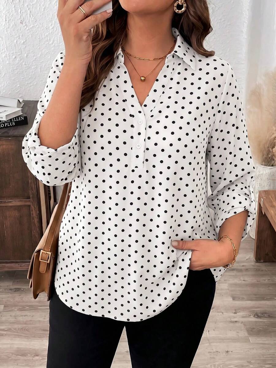 SHEIN LUNE Plus Size Leopard Print Mid-Sleeve Shirt - White - View 1