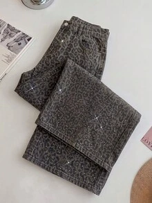 SHEIN MOD 大尺碼女款休閒復古豹紋水鑽裝飾牛仔褲 - 彩色 - 查看 4