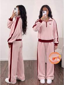 SHEIN 女童休閒運動戶外時尚街頭風粉色校園高領長袖羅紋袖口前開襟拉鍊蝴蝶結刺繡上衣搭配中腰鬆緊長褲，柔軟舒適秋冬對比色運動衫套裝，抓絨加厚 - 藕粉色 - 查看 3